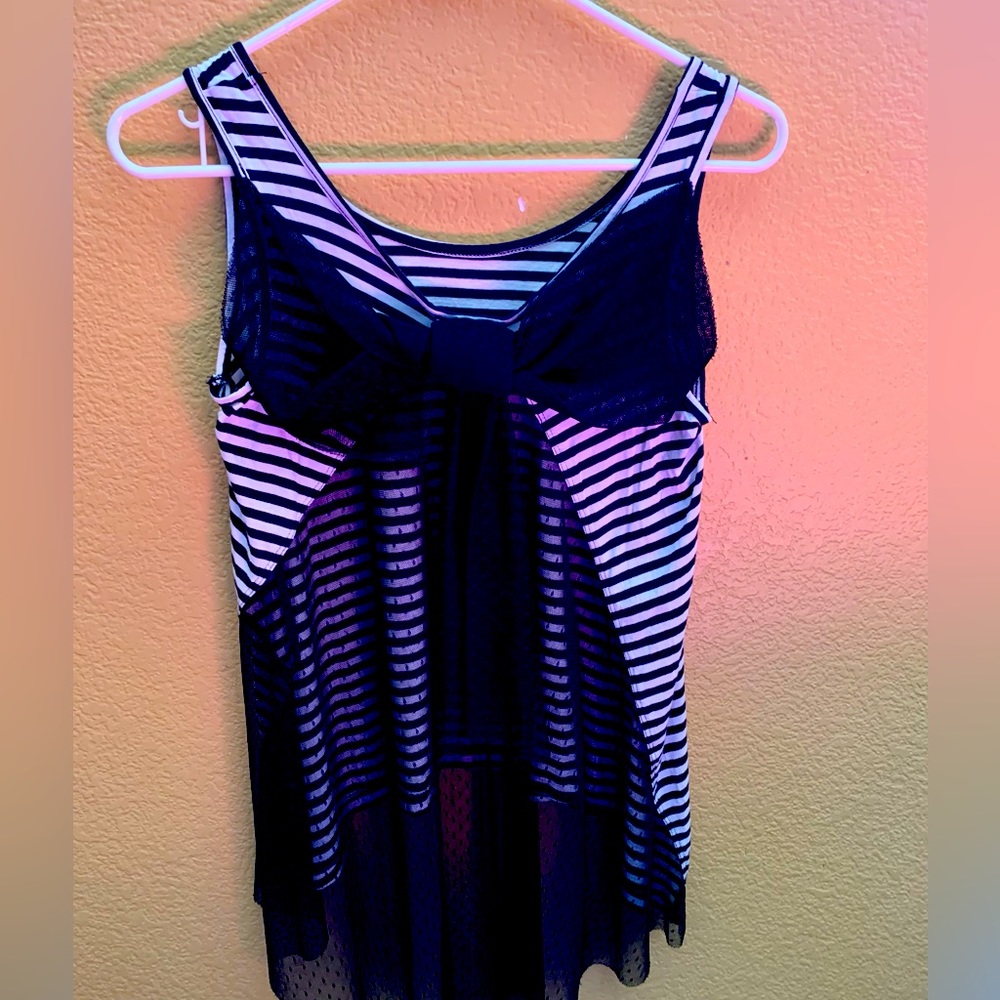 Adorable Black and White Material Girl tank top, flowy mesh back with bow